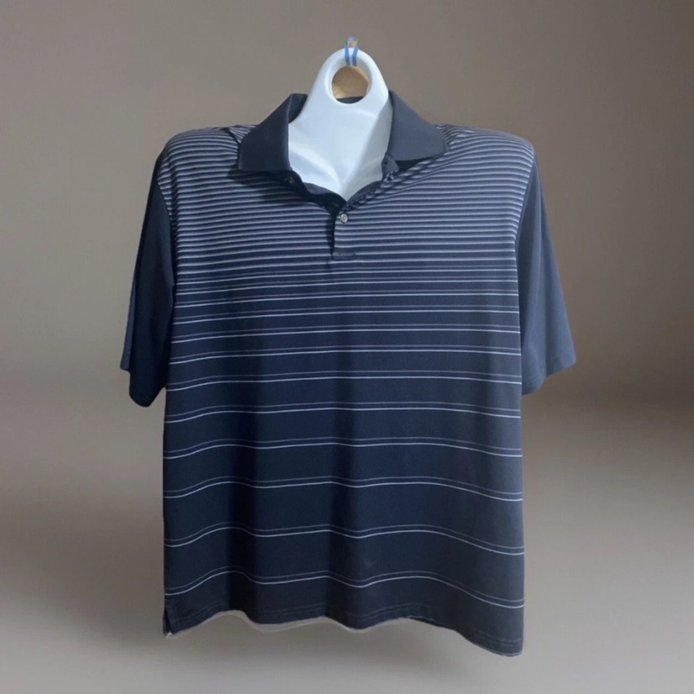 Pebble Beach Performance Golf Polo Black/Grey Striped Shirt Men's Size Large